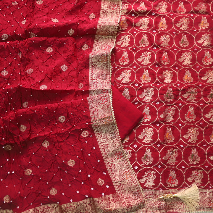Hassmu Maroon Red Bandhej Work Dola Silk Top with Dola Silk Dupatta