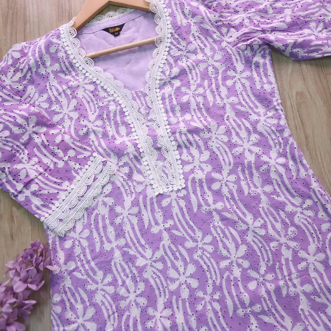 Lilac Schiffli Work Stylish Kurti