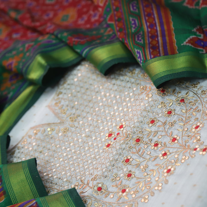 Humsafar Silver Grey Zari Embroidery Work Neck Chanderi Silk Suit