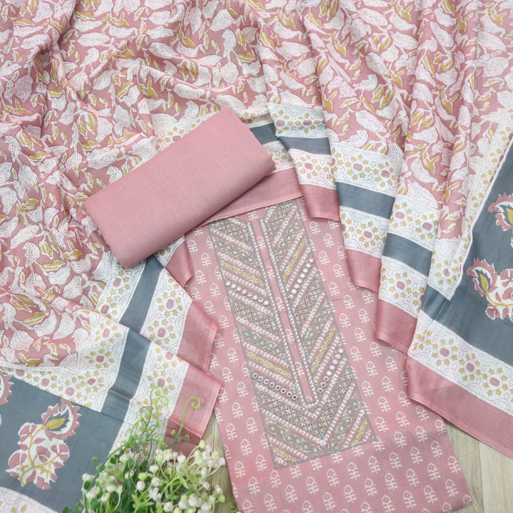 Humsafar Baby Pink Thread Work Neck Printed Cotton Suit Set