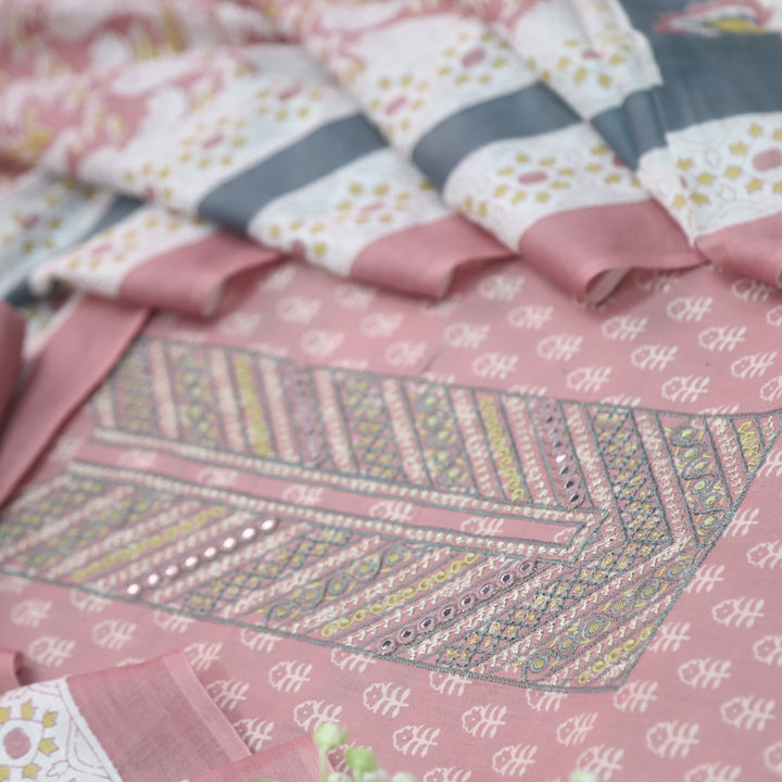 Humsafar Baby Pink Thread Work Neck Printed Cotton Suit Set