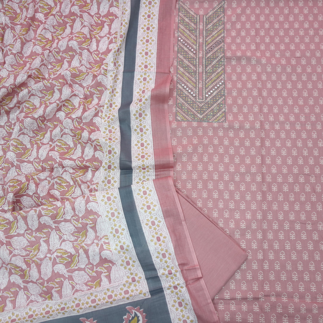 Humsafar Baby Pink Thread Work Neck Printed Cotton Suit Set