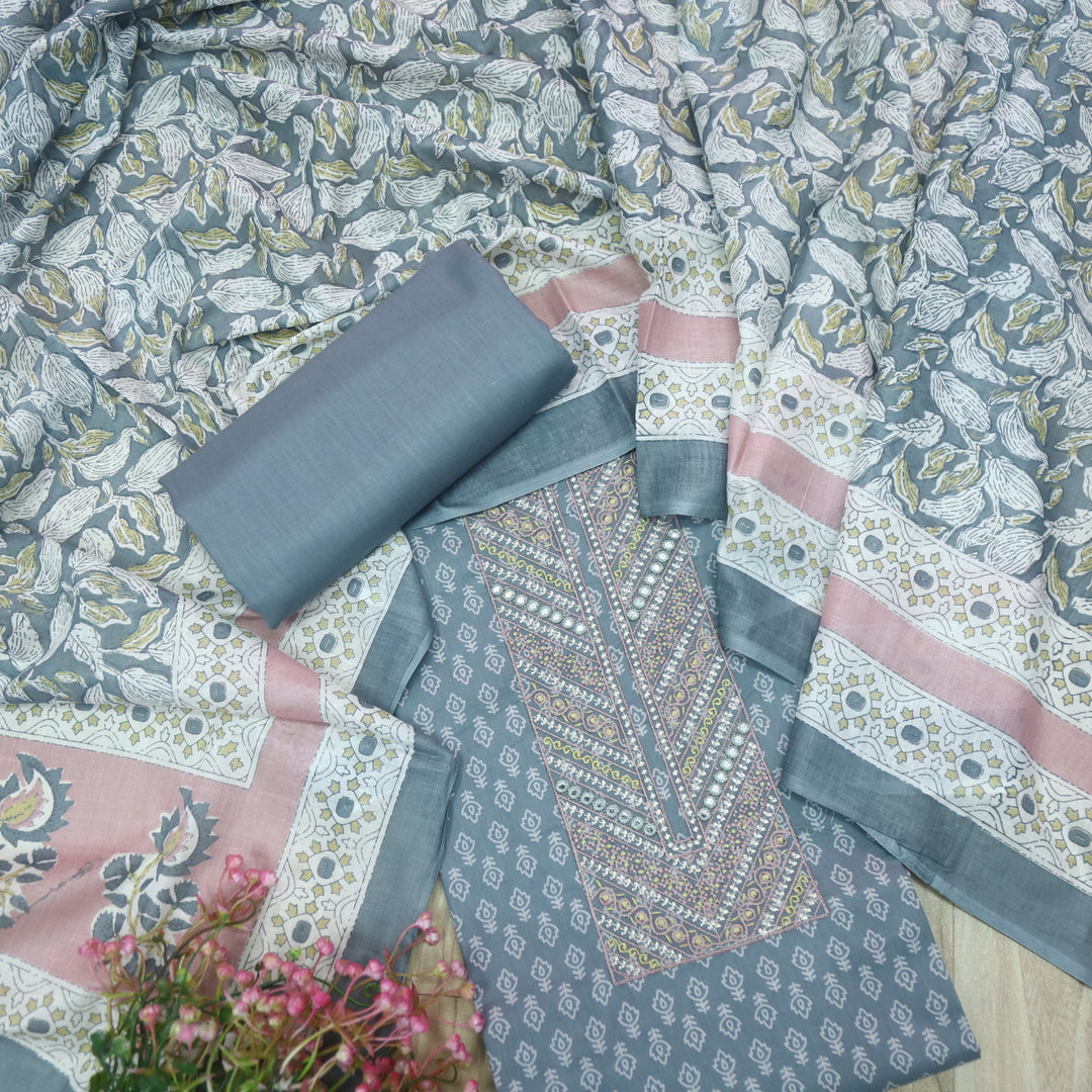 Humsafar Shadow Grey Thread Work Neck Printed Cotton Suit Set
