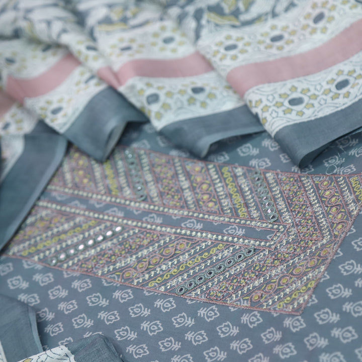 Humsafar Shadow Grey Thread Work Neck Printed Cotton Suit Set