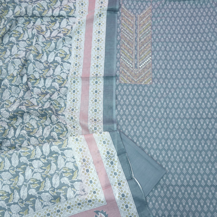 Humsafar Shadow Grey Thread Work Neck Printed Cotton Suit Set