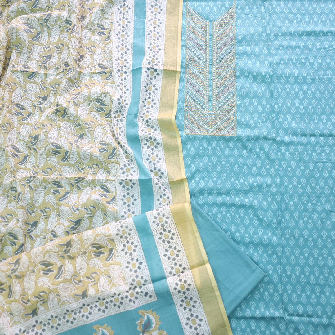 Humsafar Baby Blue Thread Work Neck Printed Cotton Suit Set
