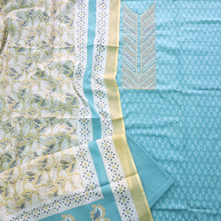 Humsafar Baby Blue Thread Work Neck Printed Cotton Suit Set