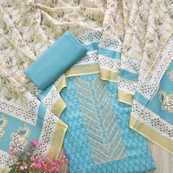 Humsafar Baby Blue Thread Work Neck Printed Cotton Suit Set