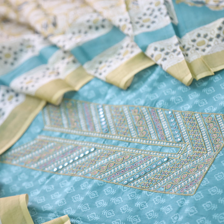 Humsafar Baby Blue Thread Work Neck Printed Cotton Suit Set