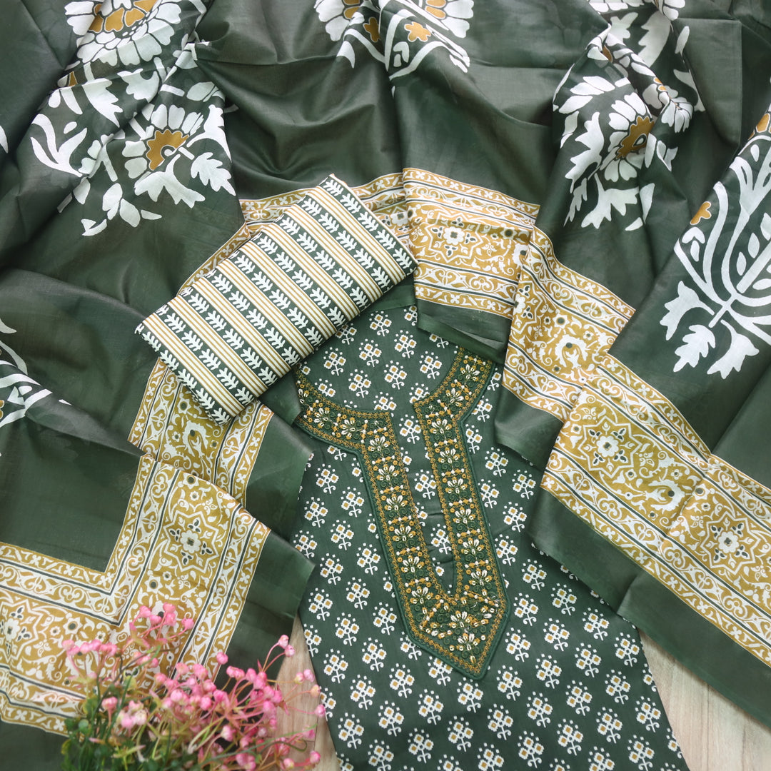 Humsafar Forest Green Patch Neck work with Printed Dupatta Cotton Suit Set