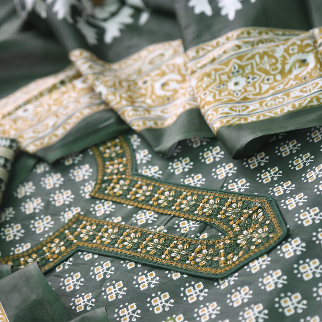 Humsafar Forest Green Patch Neck work with Printed Dupatta Cotton Suit Set