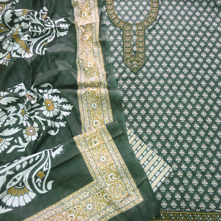 Humsafar Forest Green Patch Neck work with Printed Dupatta Cotton Suit Set