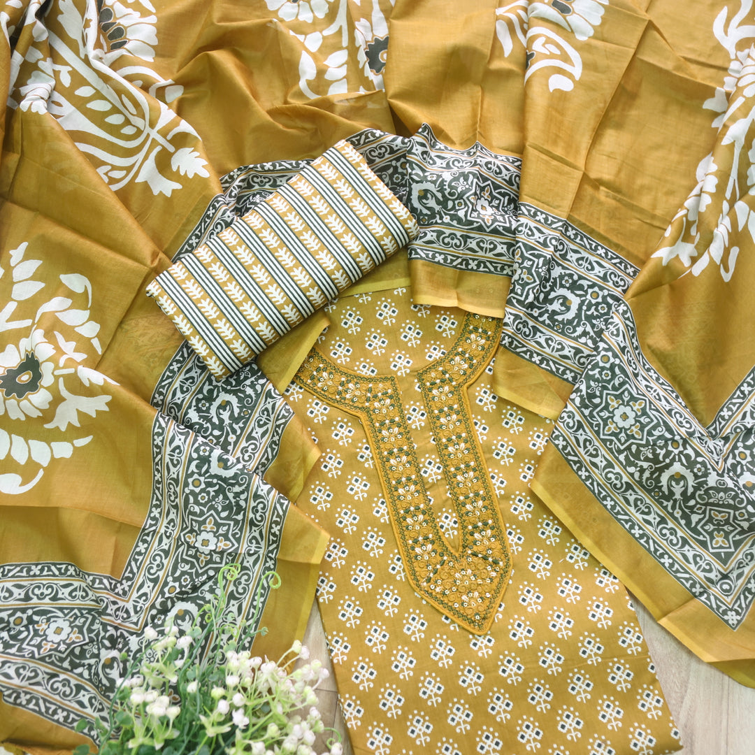 Humsafar Canary Yellow Patch Neck work with Printed Dupatta Cotton Suit Set