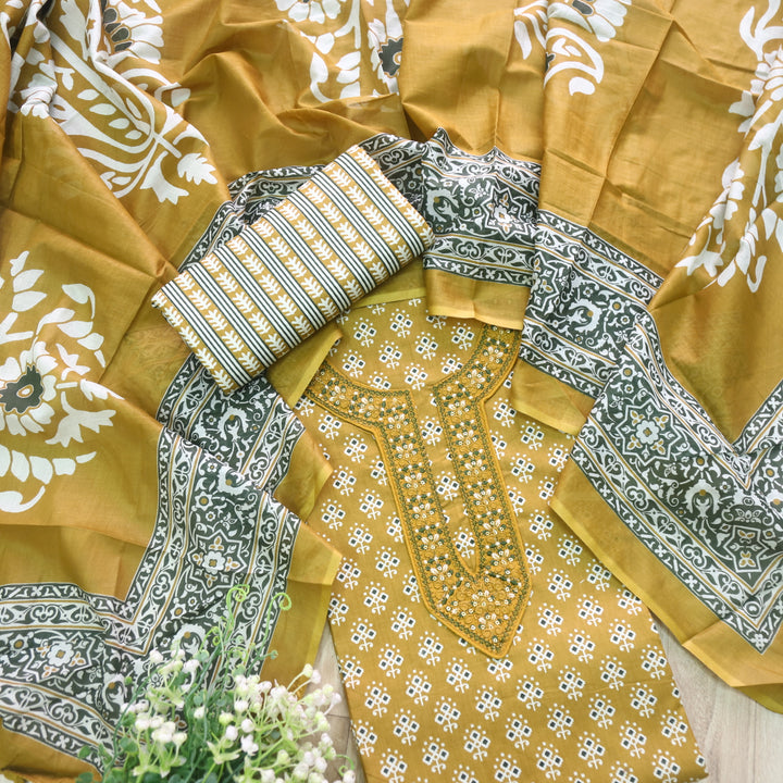 Humsafar Canary Yellow Patch Neck work with Printed Dupatta Cotton Suit Set