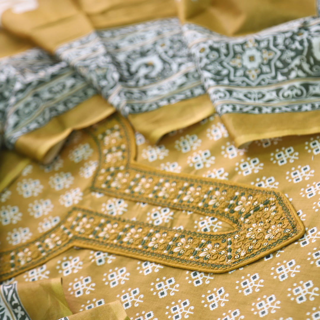 Humsafar Canary Yellow Patch Neck work with Printed Dupatta Cotton Suit Set