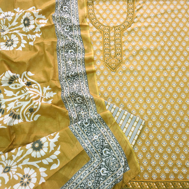 Humsafar Canary Yellow Patch Neck work with Printed Dupatta Cotton Suit Set