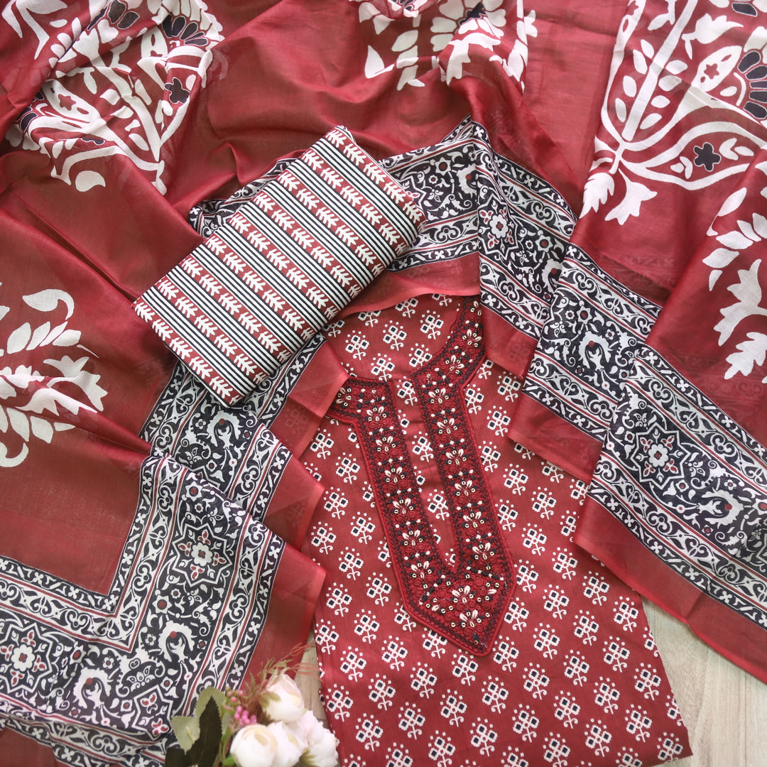 Humsafar Cherry Red Patch Neck work with Printed Dupatta Cotton Suit Set