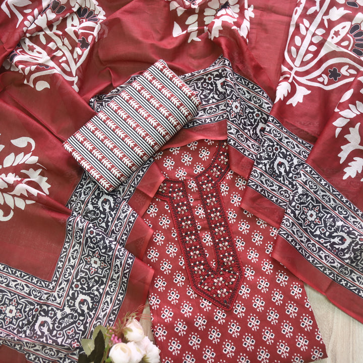 Humsafar Cherry Red Patch Neck work with Printed Dupatta Cotton Suit Set