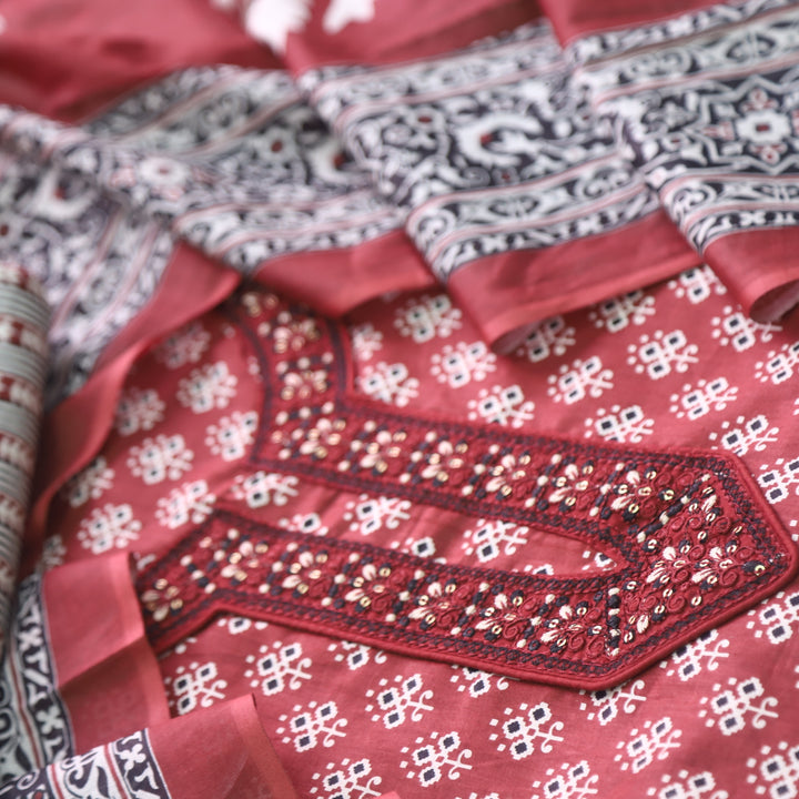 Humsafar Cherry Red Patch Neck work with Printed Dupatta Cotton Suit Set