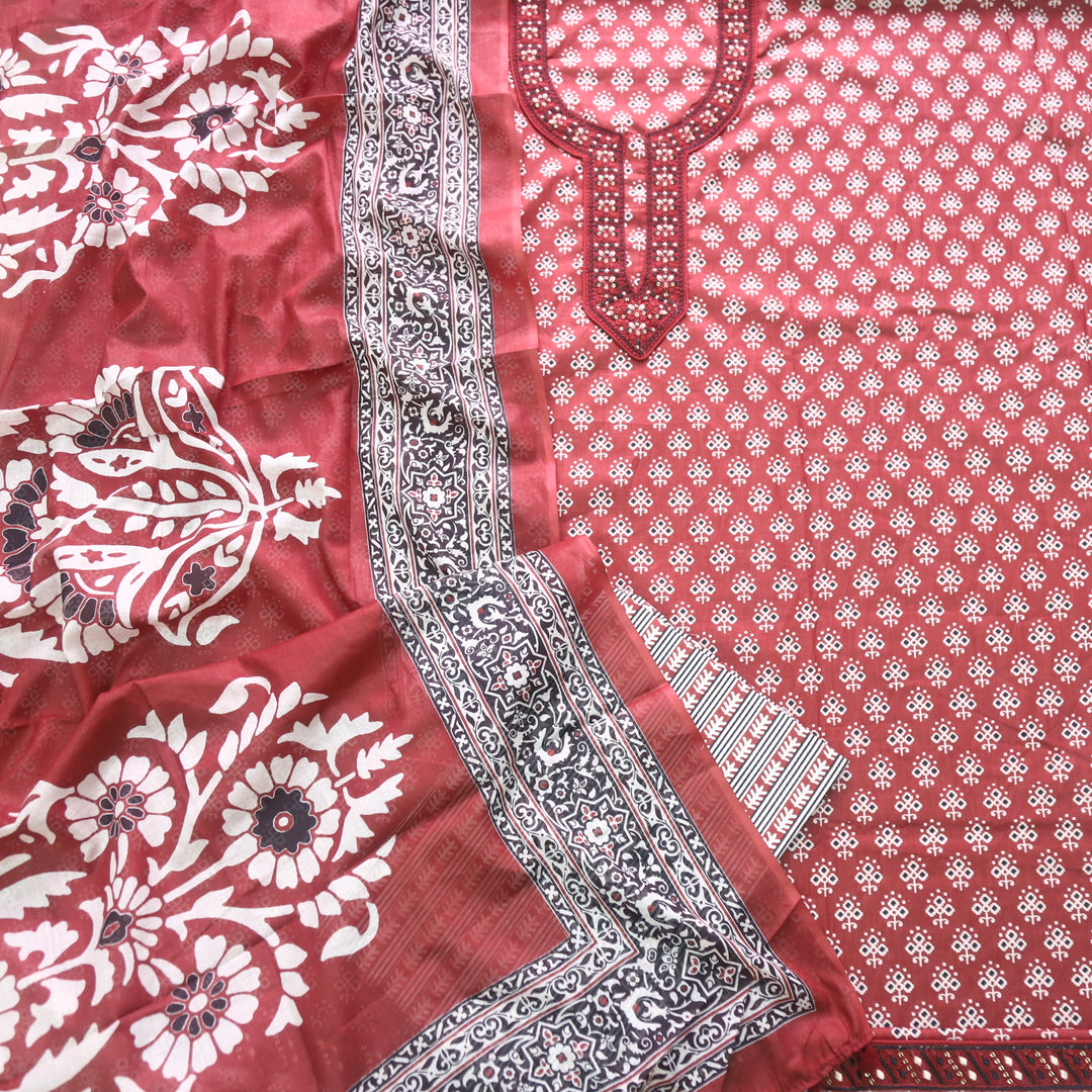Humsafar Cherry Red Patch Neck work with Printed Dupatta Cotton Suit Set
