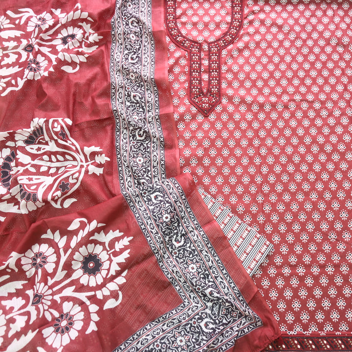 Humsafar Cherry Red Patch Neck work with Printed Dupatta Cotton Suit Set