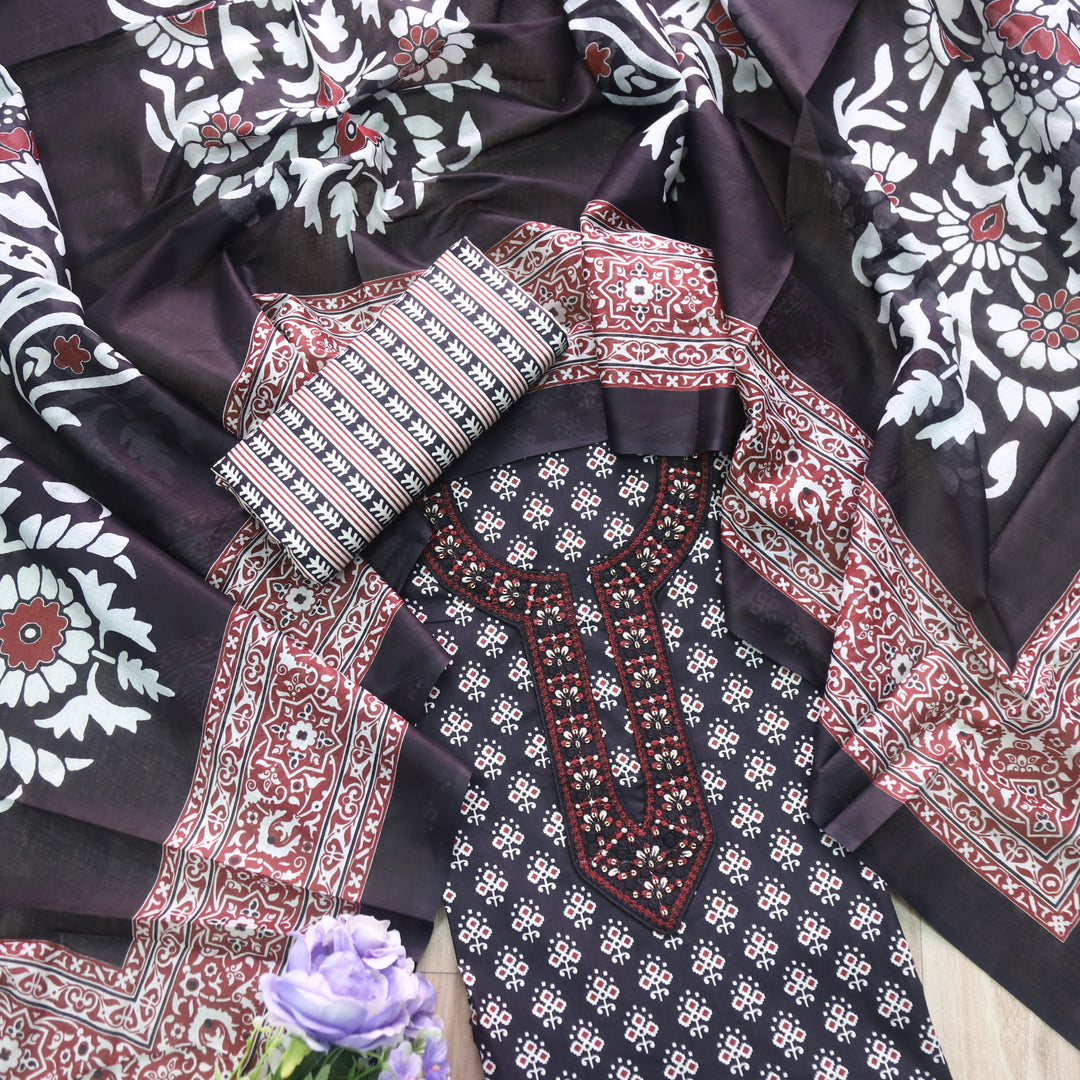 Humsafar Ebony Black Patch Neck work with Printed Dupatta Cotton Suit Set