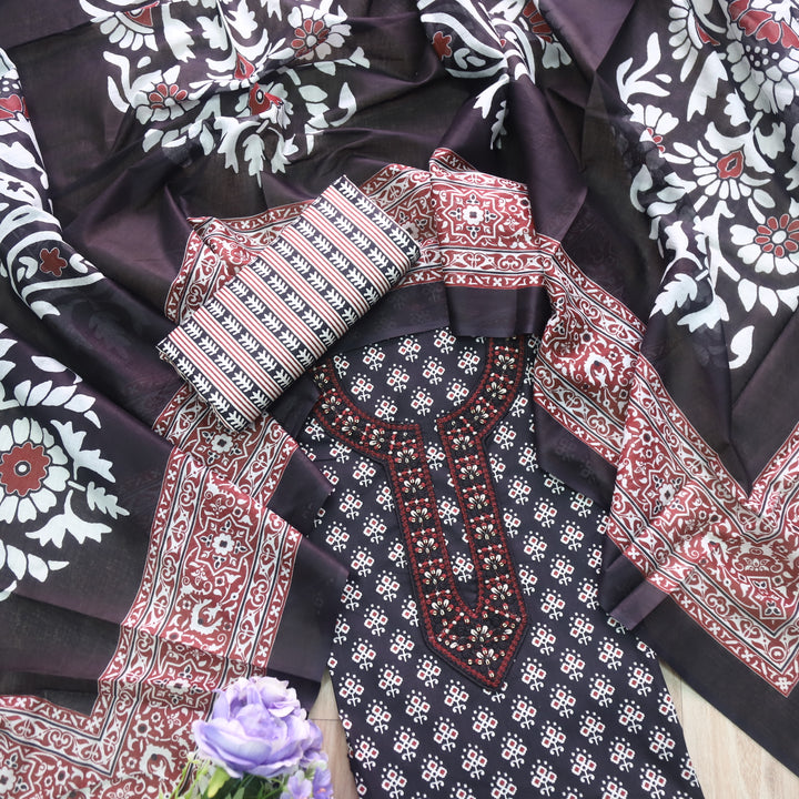 Humsafar Ebony Black Patch Neck work with Printed Dupatta Cotton Suit Set