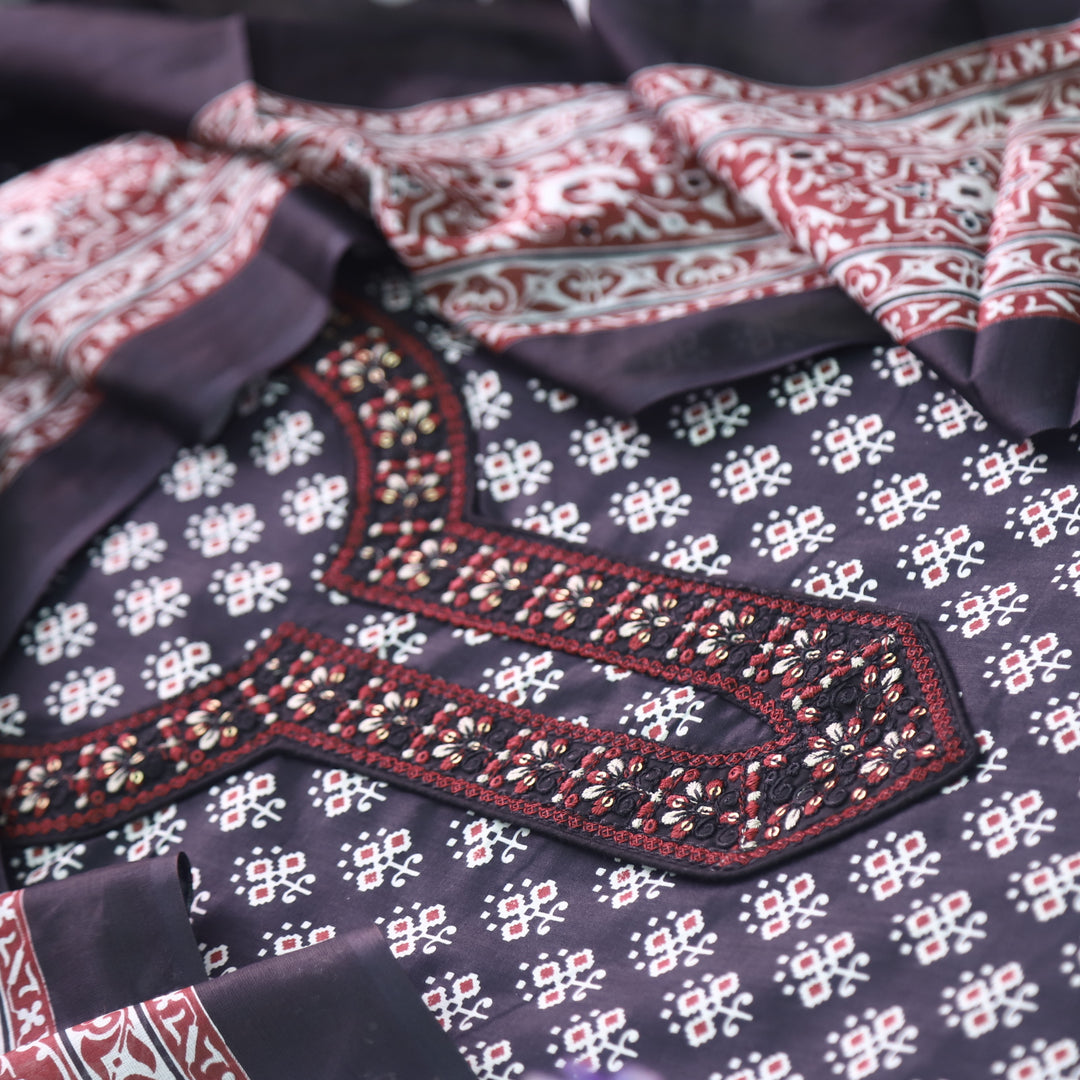 Humsafar Ebony Black Patch Neck work with Printed Dupatta Cotton Suit Set