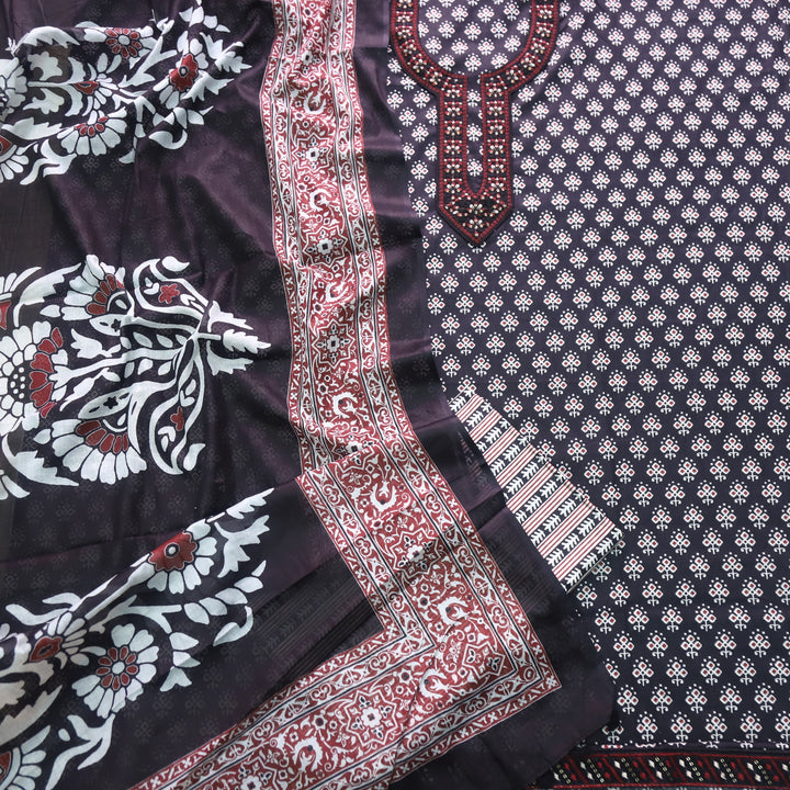 Humsafar Ebony Black Patch Neck work with Printed Dupatta Cotton Suit Set