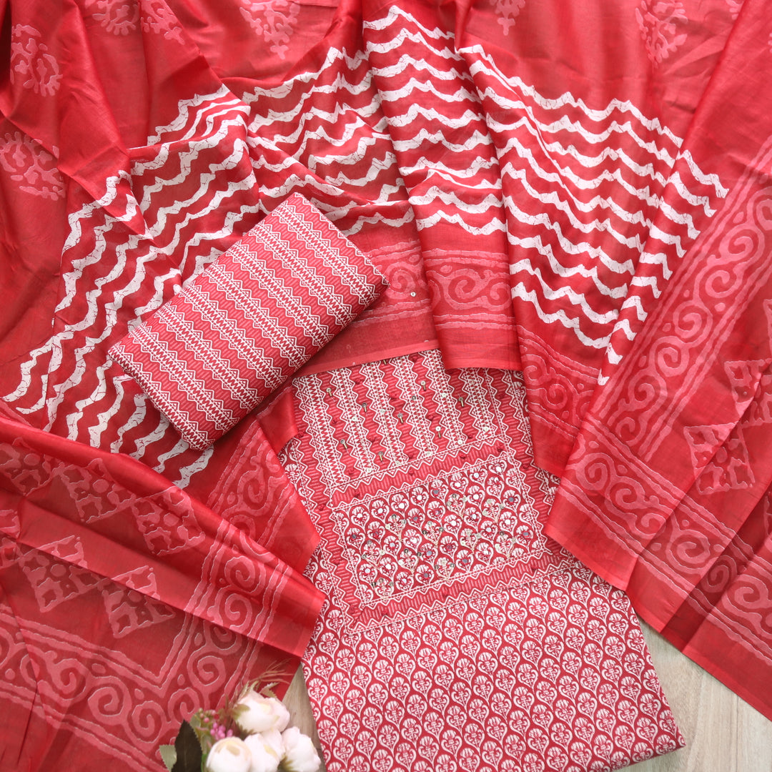 Humsafar Lipstick Red Patch Neck work with Printed Dupatta Cotton Suit Set