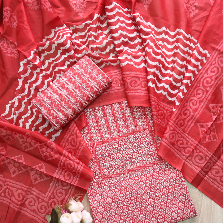Humsafar Lipstick Red Patch Neck work with Printed Dupatta Cotton Suit Set