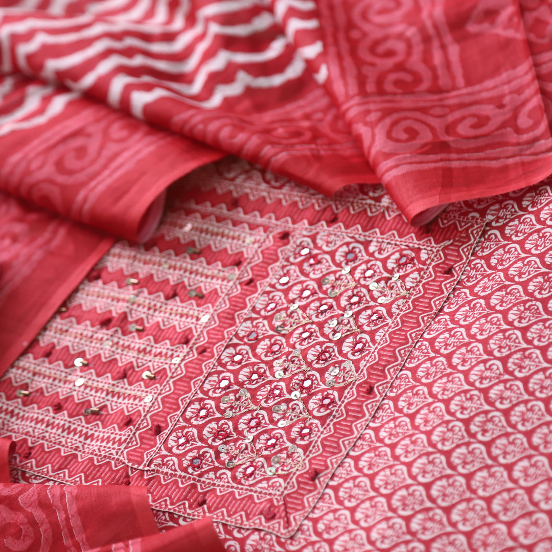 Humsafar Lipstick Red Patch Neck work with Printed Dupatta Cotton Suit Set