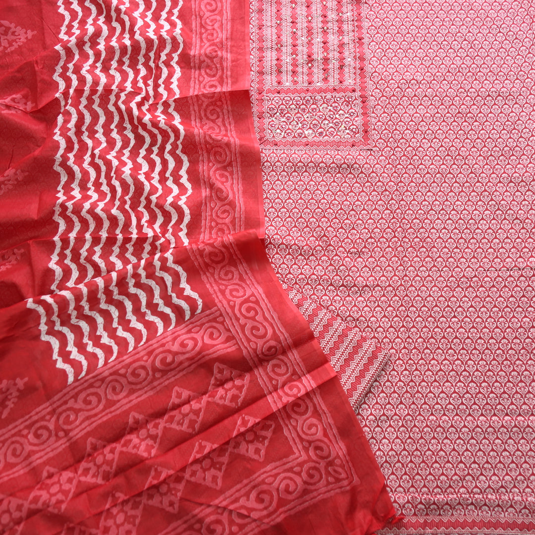 Humsafar Lipstick Red Patch Neck work with Printed Dupatta Cotton Suit Set