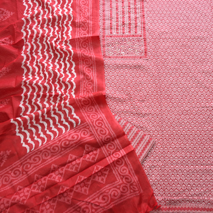 Humsafar Lipstick Red Patch Neck work with Printed Dupatta Cotton Suit Set