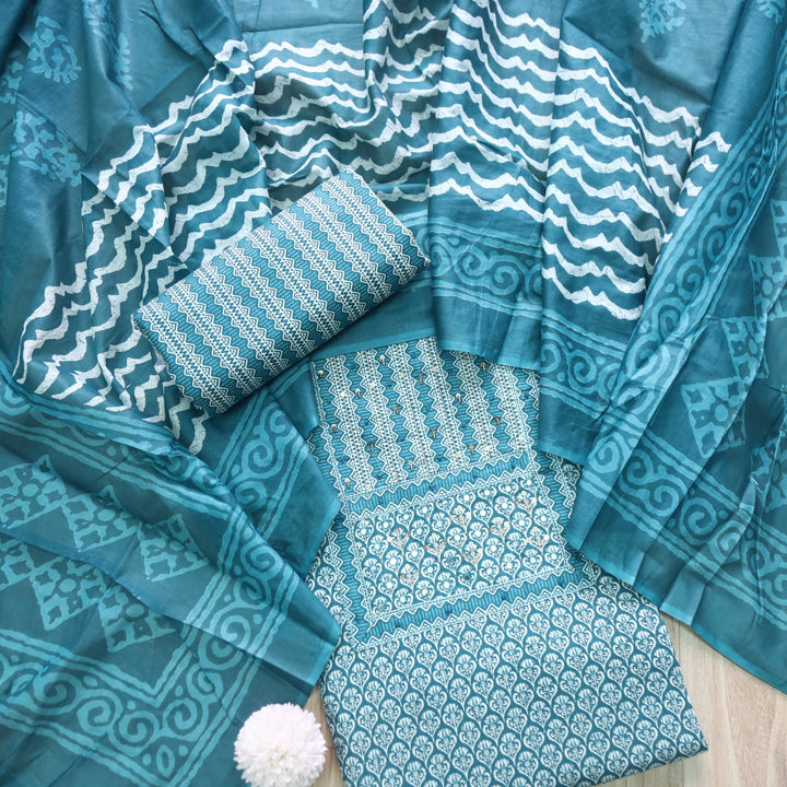 Humsafar Teal Blue Patch Neck work with Printed Dupatta Cotton Suit Set