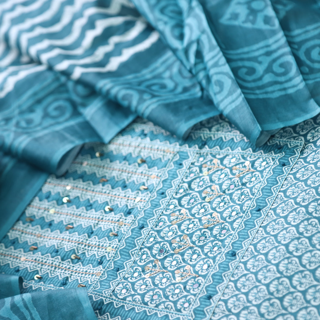 Humsafar Teal Blue Patch Neck work with Printed Dupatta Cotton Suit Set