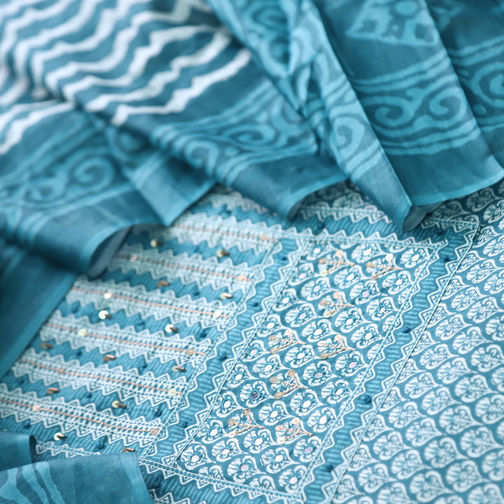 Humsafar Teal Blue Patch Neck work with Printed Dupatta Cotton Suit Set