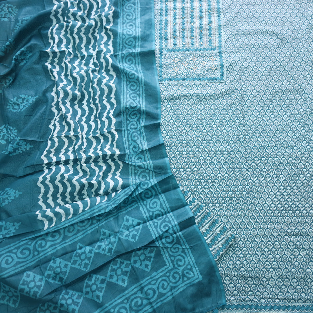 Humsafar Teal Blue Patch Neck work with Printed Dupatta Cotton Suit Set
