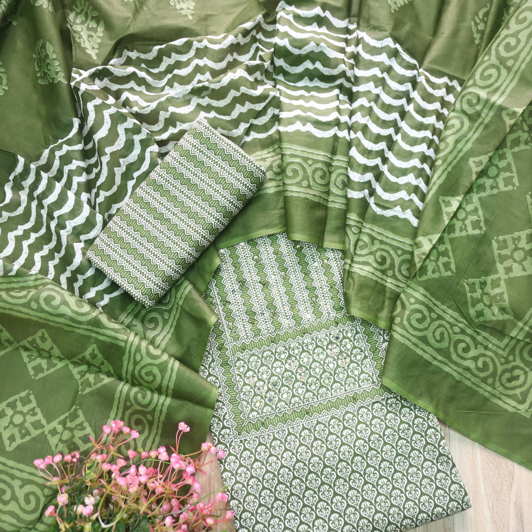 Humsafar Grass Green Patch Neck work with Printed Dupatta Cotton Suit Set