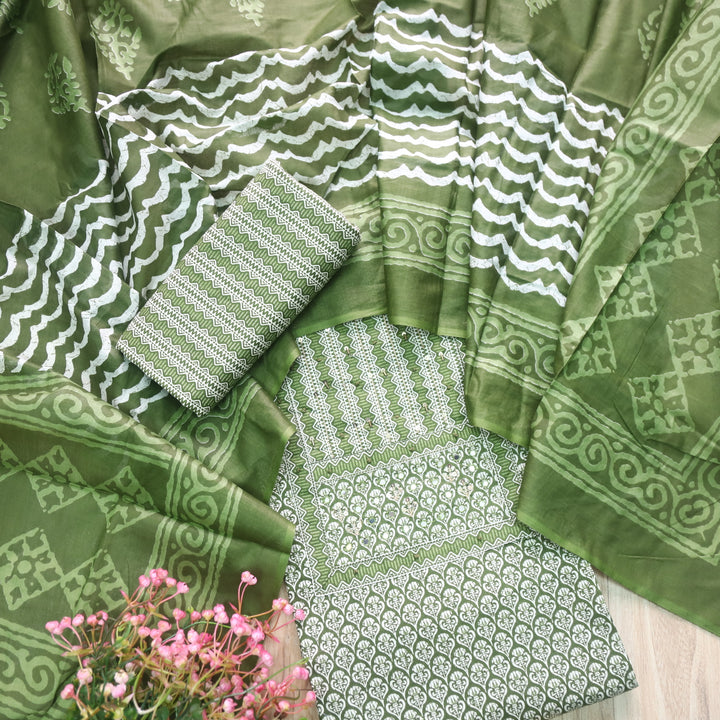 Humsafar Grass Green Patch Neck work with Printed Dupatta Cotton Suit Set