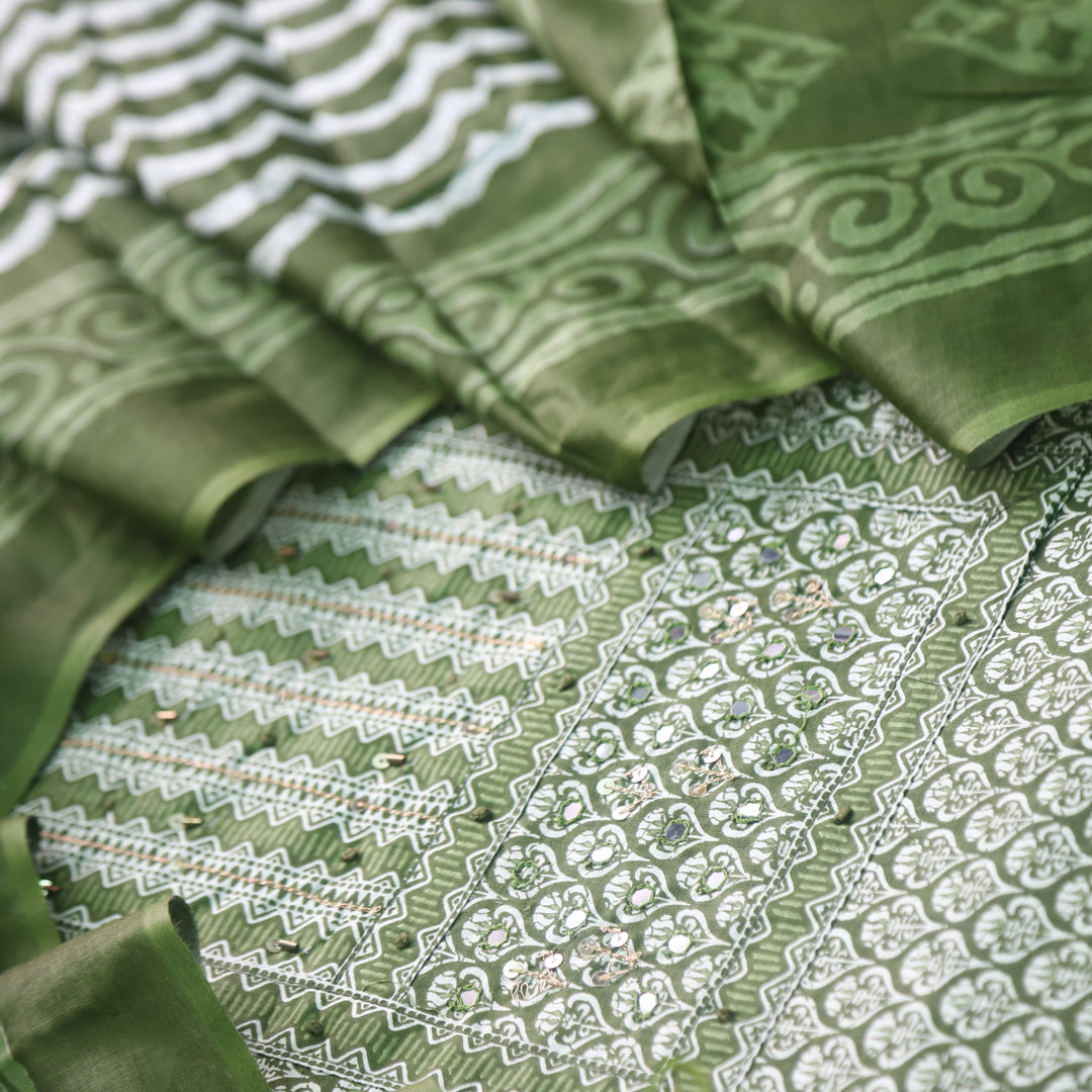 Humsafar Grass Green Patch Neck work with Printed Dupatta Cotton Suit Set