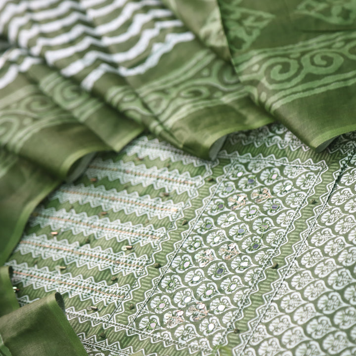 Humsafar Grass Green Patch Neck work with Printed Dupatta Cotton Suit Set