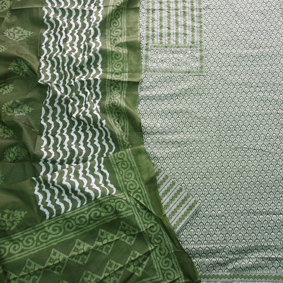 Humsafar Grass Green Patch Neck work with Printed Dupatta Cotton Suit Set