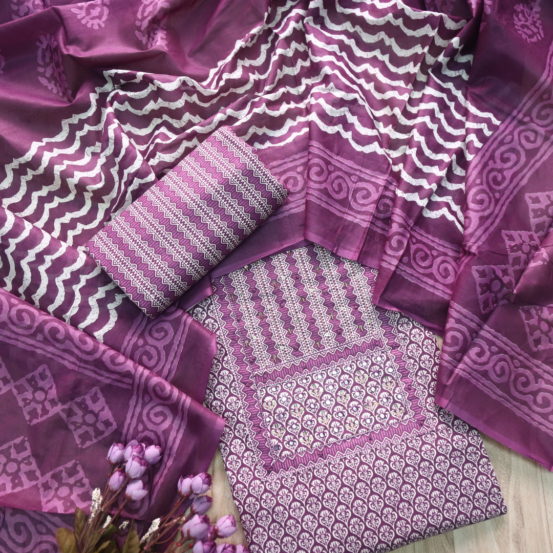 Humsafar Orchid Purple Patch Neck work with Printed Dupatta Cotton Suit Set