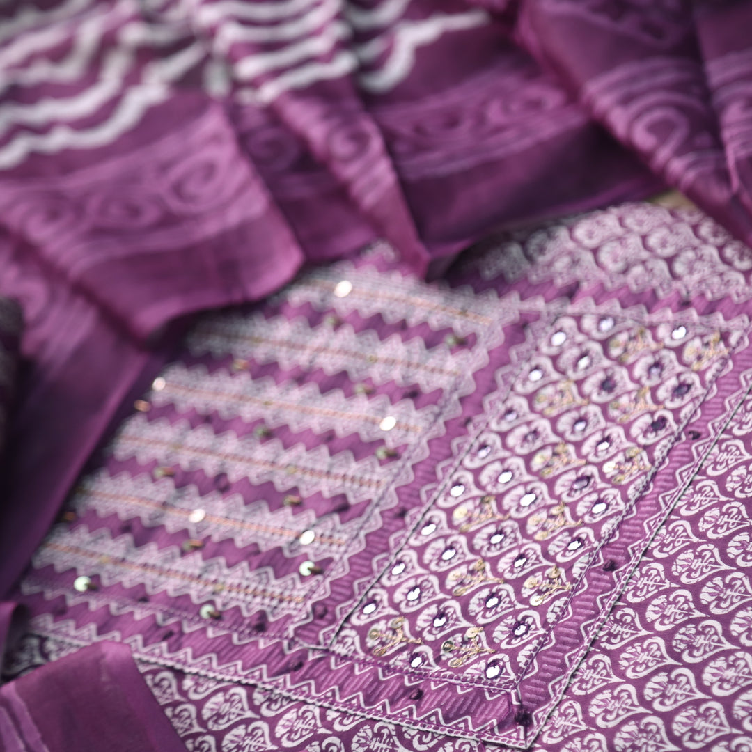Humsafar Orchid Purple Patch Neck work with Printed Dupatta Cotton Suit Set