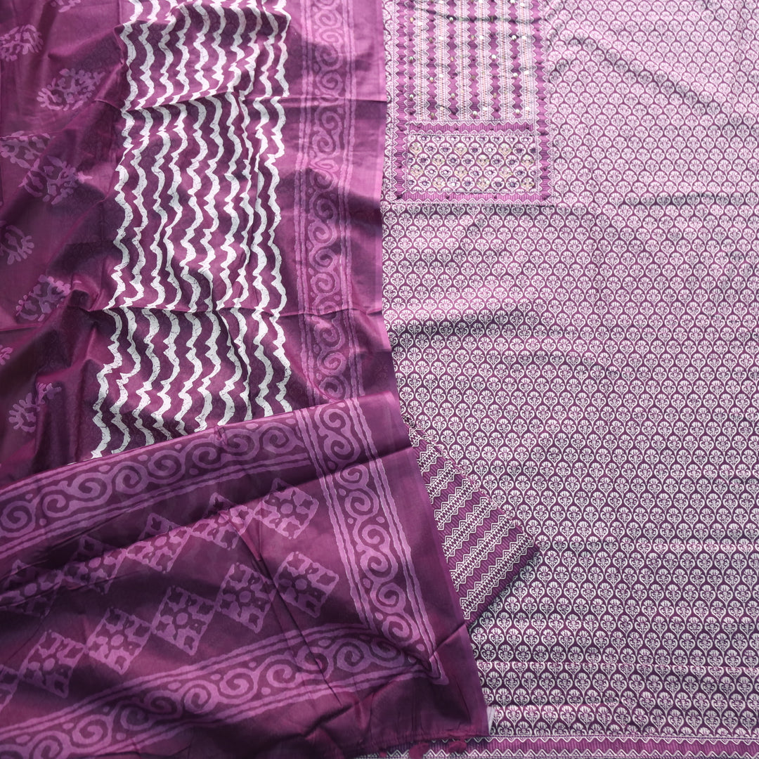 Humsafar Orchid Purple Patch Neck work with Printed Dupatta Cotton Suit Set