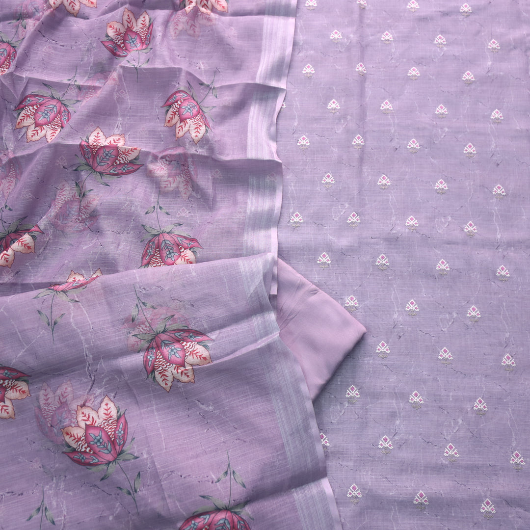 Parchaayi Mauve Purple Cross Stitch Floral Work Cotton Linen Suit Set