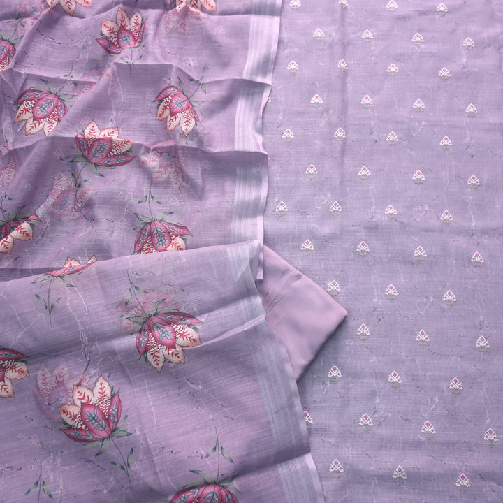 Parchaayi Mauve Purple Cross Stitch Floral Work Cotton Linen Suit Set