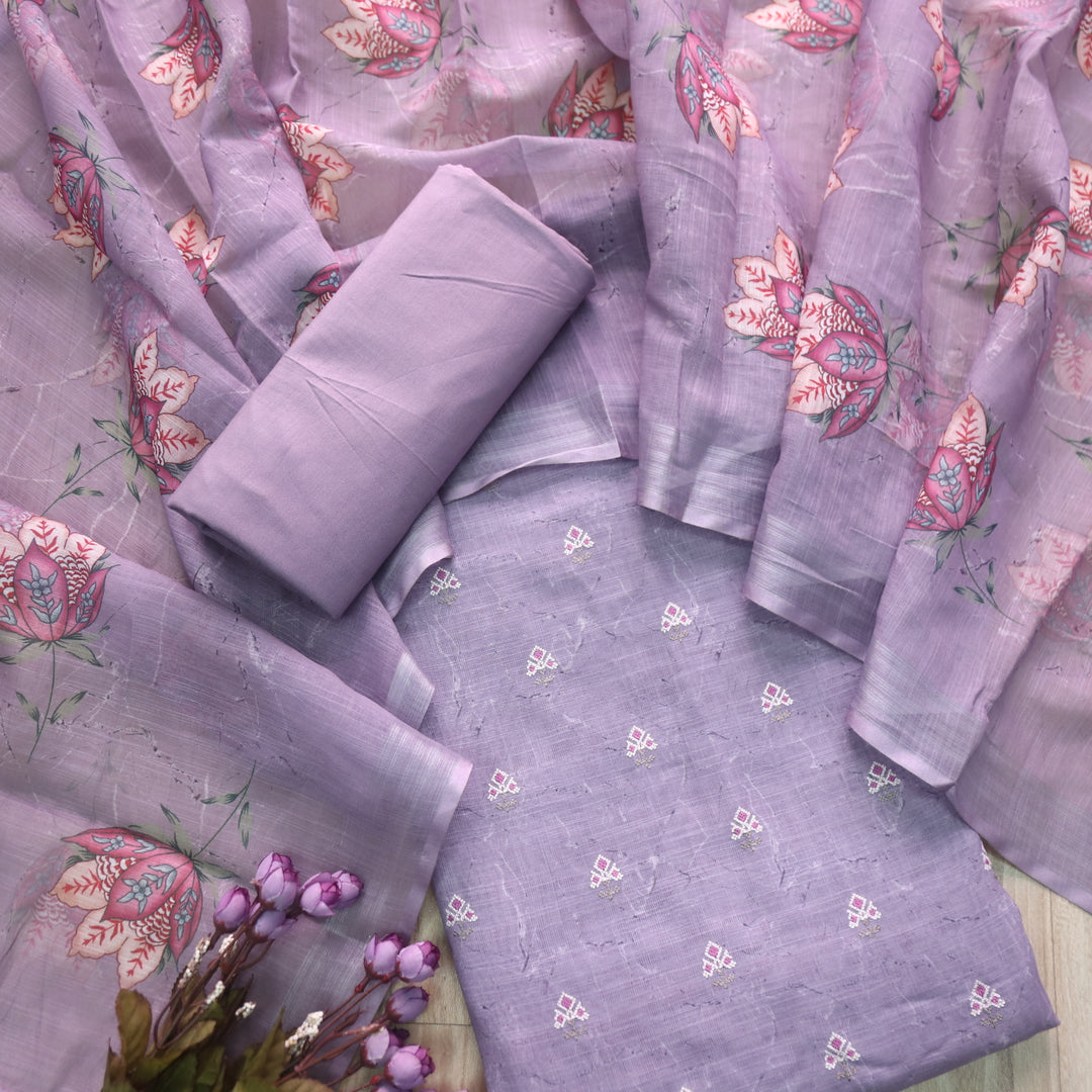 Parchaayi Mauve Purple Cross Stitch Floral Work Cotton Linen Suit Set