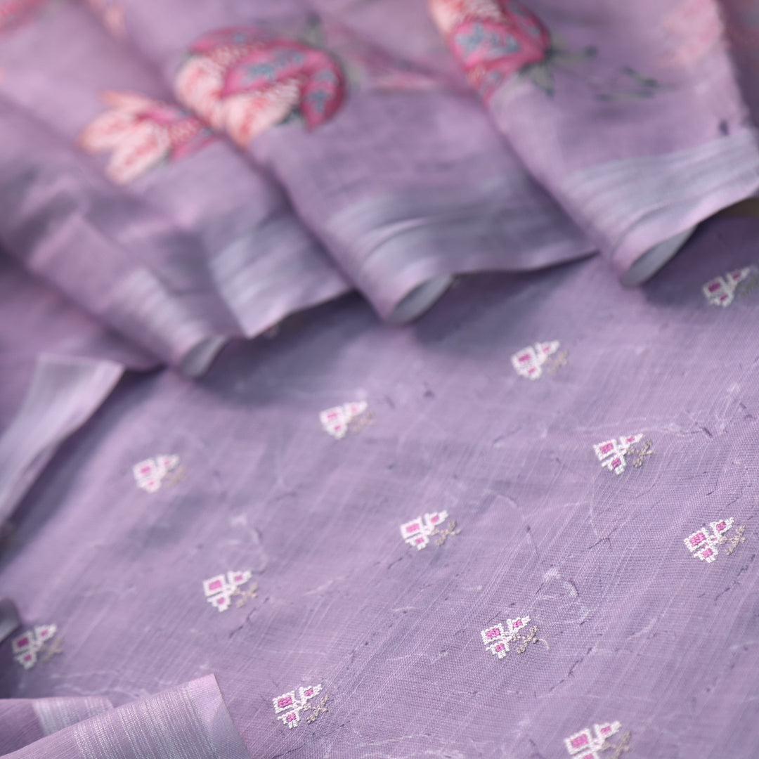 Parchaayi Mauve Purple Cross Stitch Floral Work Cotton Linen Suit Set